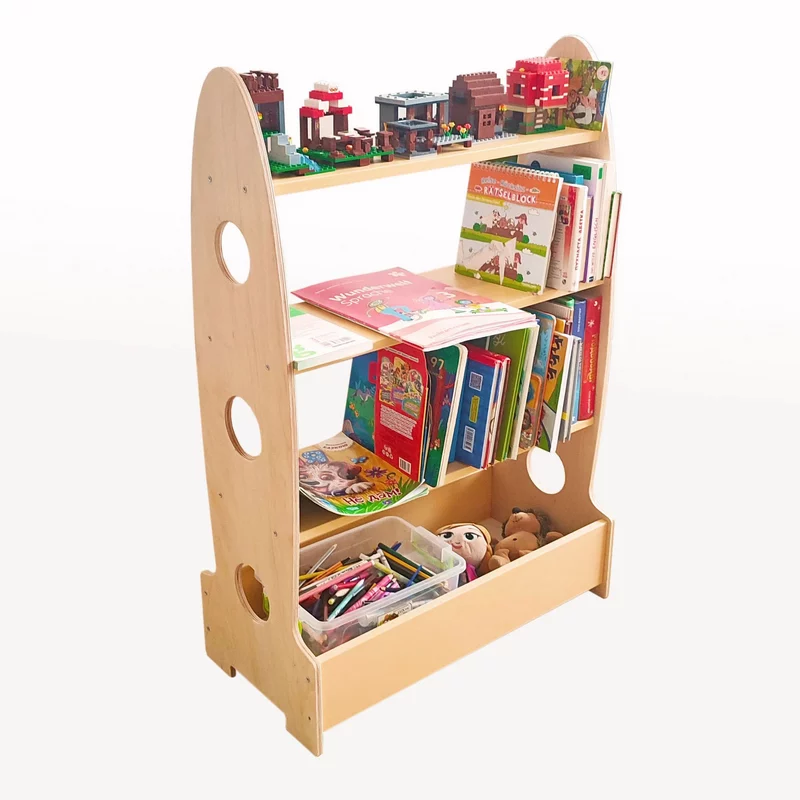 Drewniana półka dziecięca na książki i zabawki z szufladą