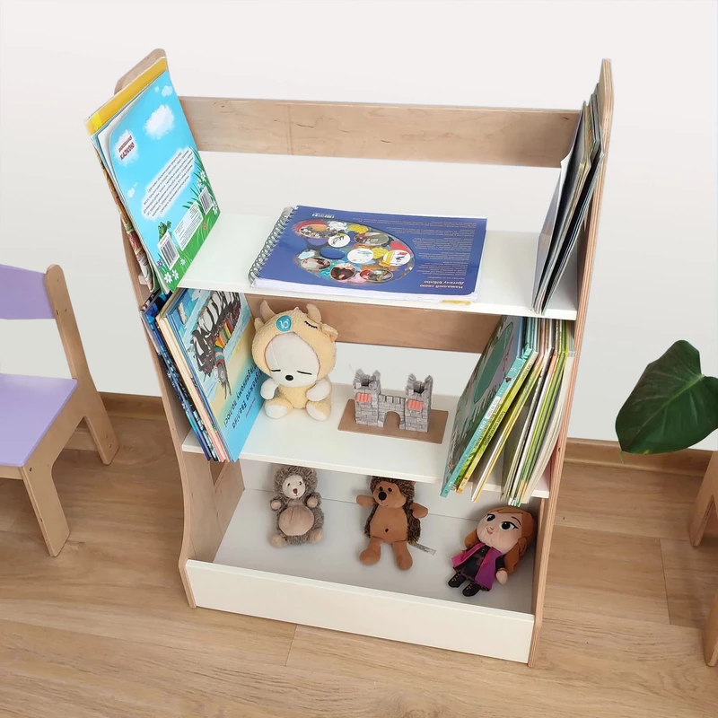 Drewniana półka na książki i zabawki dla dzieci