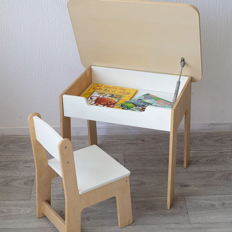 Biały stolik i krzesełko dziecięce z otwieraną pokrywą i wnęką do przechowywania kolorowanek i kredek
